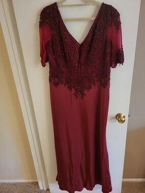 Beaded V-Neck Burgundy Long Sleeve Evening Gown